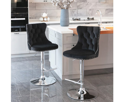 2x Height Adjustable Swivel Bar Stool Velvet Studs Barstool with Footrest and Chromed Base- Black