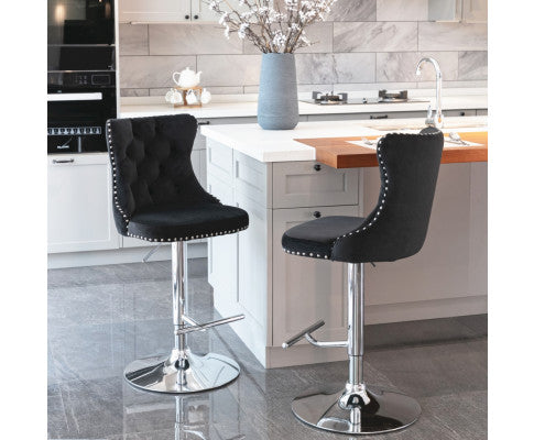 2x Height Adjustable Swivel Bar Stool Velvet Studs Barstool with Footrest and Chromed Base- Black