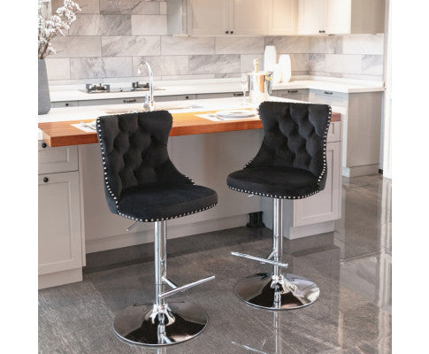 2x Height Adjustable Swivel Bar Stool Velvet Studs Barstool with Footrest and Chromed Base- Black