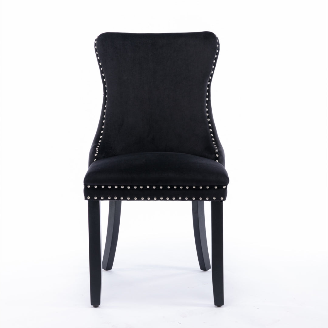 4x Velvet Upholstered Dining Tufted Chairs with Studs Trim and Solid Wood Legs-Black