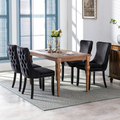 4x Velvet Upholstered Dining Tufted Chairs with Studs Trim and Solid Wood Legs-Black