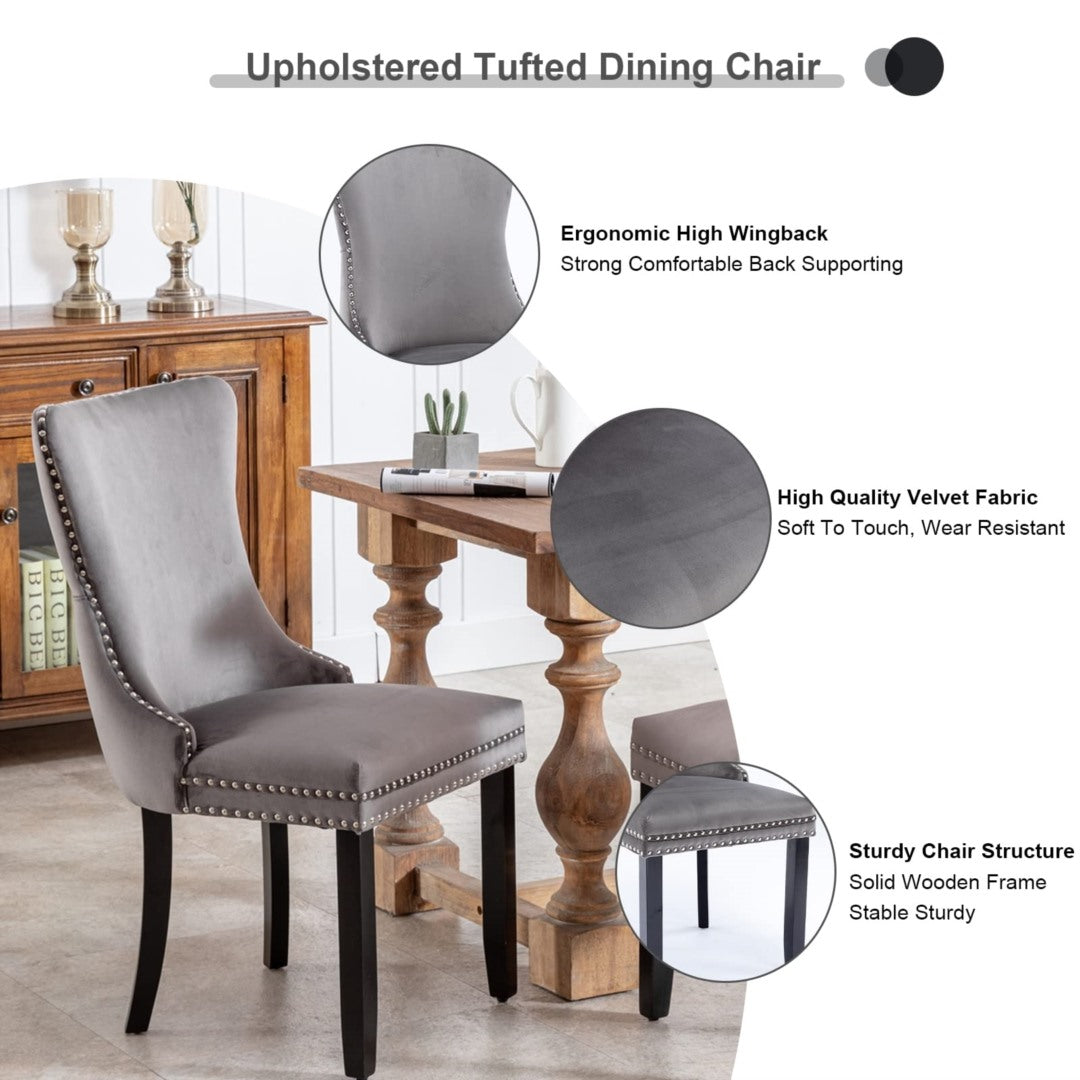 4x Velvet Upholstered Dining Chairs Tufted Wingback Side Chair with Studs Trim Solid Wood Legs for Kitchen