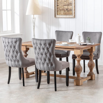 6x Velvet Upholstered Dining Chairs Tufted Wingback Side Chair with Studs Trim Solid Wood Legs for Kitchen