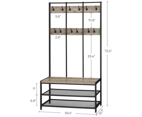 VASAGLE Large Coat Rack Stand with 12 Hooks and Shoe Bench Greige and Black HSR086B02V1