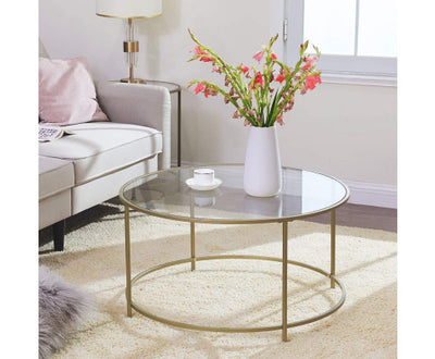 VASAGLE Round Coffee Table Glass Table with Steel Frame Gold LGT21G