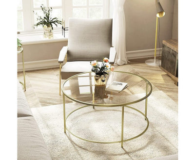 VASAGLE Round Coffee Table Glass Table with Steel Frame Gold LGT21G