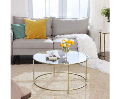 VASAGLE Round Coffee Table Glass Table with Steel Frame Gold LGT21G