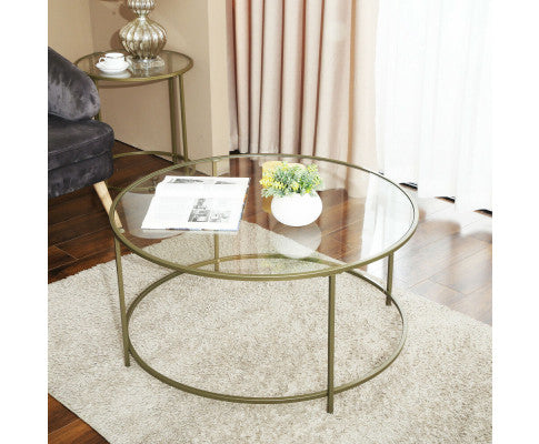 VASAGLE Round Coffee Table Glass Table with Steel Frame Gold LGT21G