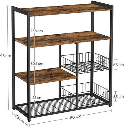 VASAGLE Baker's Rack Kitchen Island with 2 Metal Mesh Baskets Shelves and Hooks Industrial Style Rustic Brown