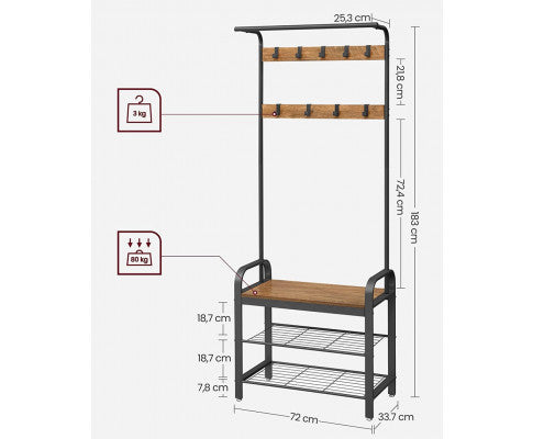 VASAGLE Coat Rack with Shoe Rack 183 cm Height Walnut Brown and Black