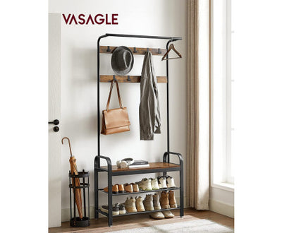 VASAGLE Coat Rack Hall Tree with Shoe Bench 3-in-1 Design Rustic Brown and Black