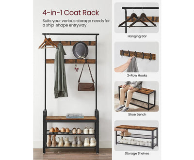 VASAGLE Coat Rack Hall Tree with Shoe Bench 3-in-1 Design Rustic Brown and Black