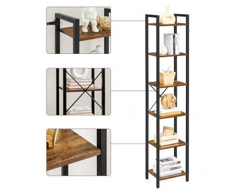 VASAGLE Narrow Bookcase Small 6-Tiers Bookshelf Industrial Rustic Brown and Black