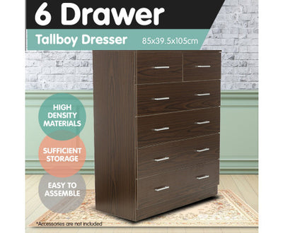 Sarantino Tallboy Dresser 6 Chest Of Drawers Cabinet 85 X 39.5 X 105 - Brown