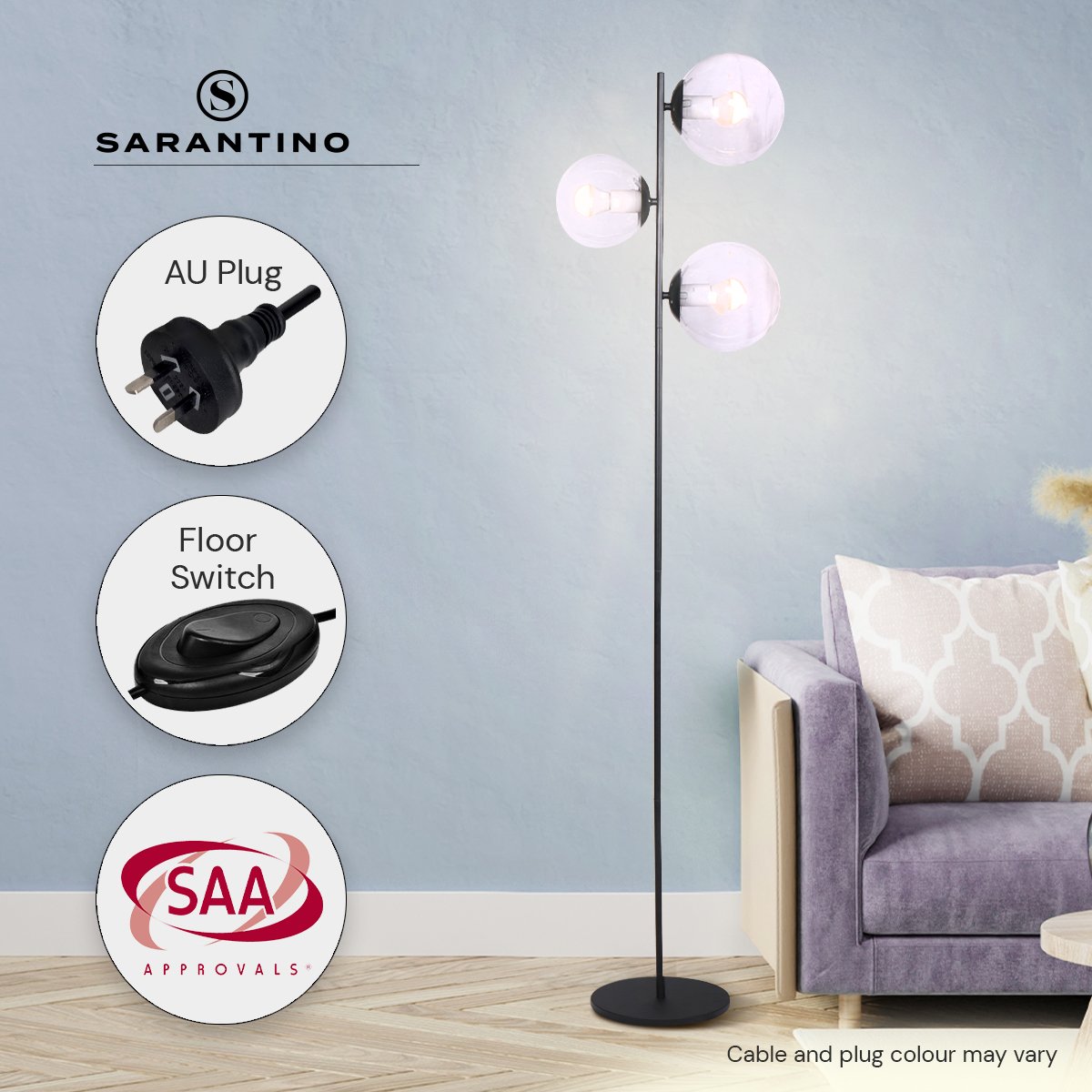 Sarantino 3-Light Black Metal Floor Lamp