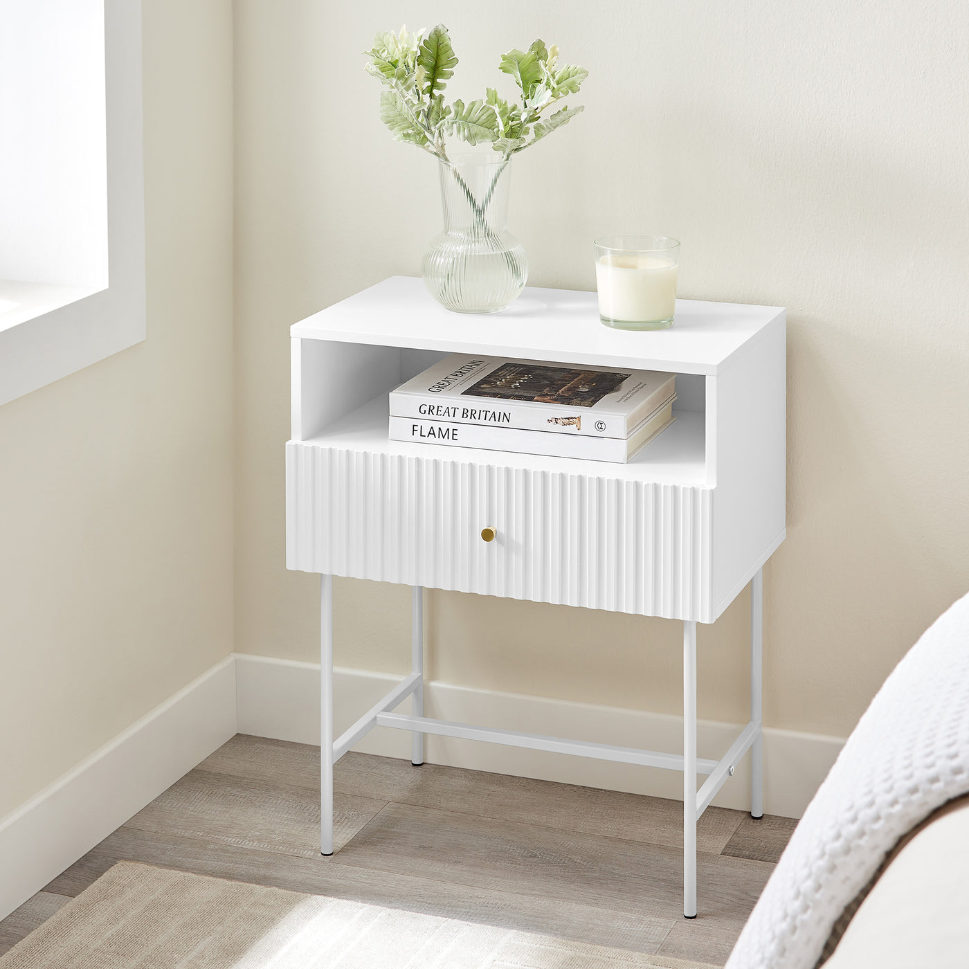 Sarantino Cecil Slender Fluted Bedside Table In White