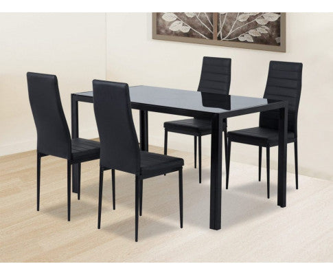 5PC Indoor Dining Table and Chairs Dinner Set Glass Leather Kitchen-Black