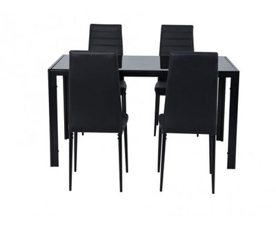 5PC Indoor Dining Table and Chairs Dinner Set Glass Leather Kitchen-Black