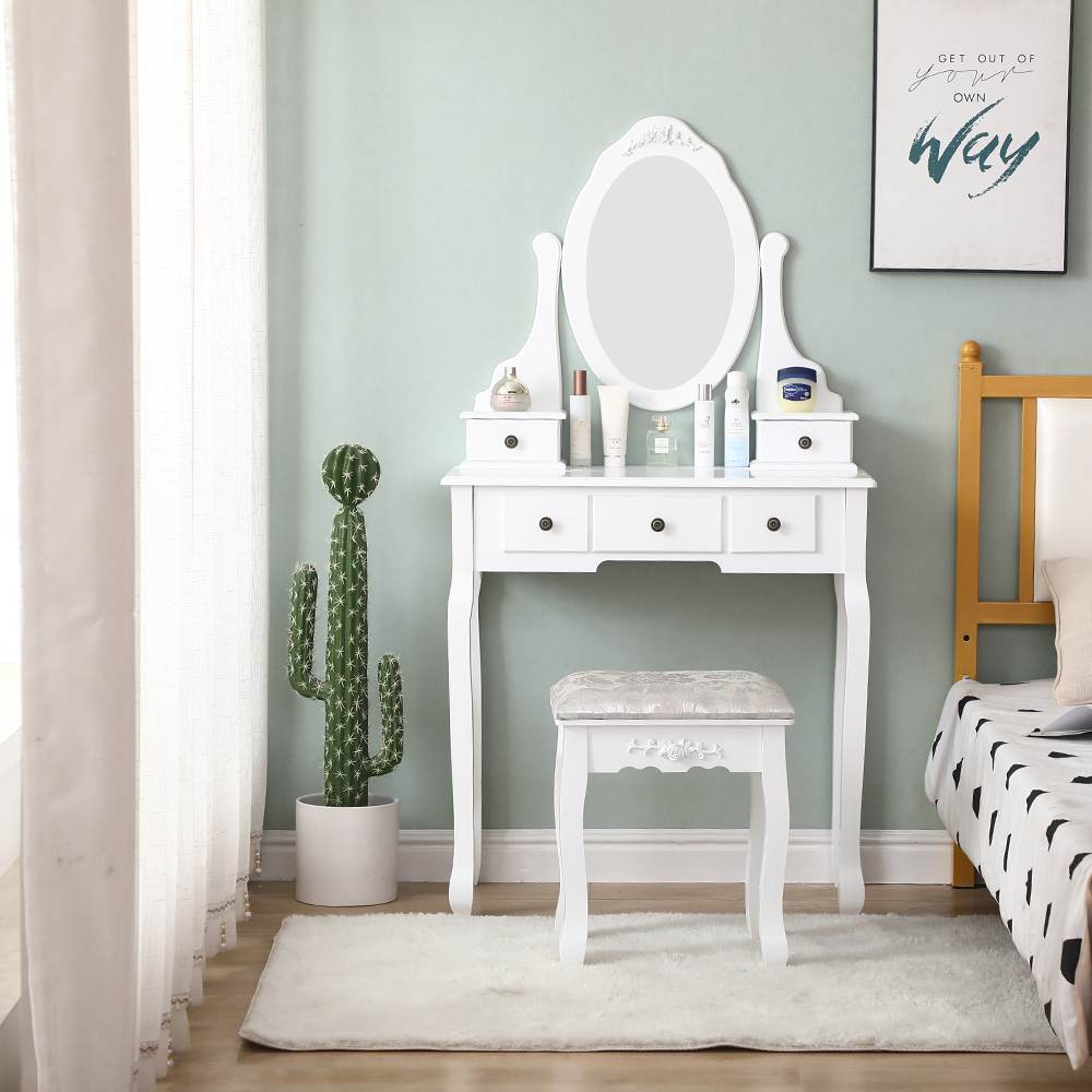 Carved Dressing Vanity Table Set with Mirror&#038;Stool- White