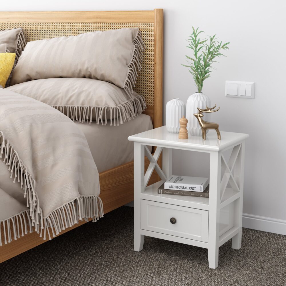 2-tier Bedside Table with Storage Drawer 2 PC Rustic White