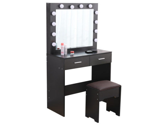 Fidel Vanity Set with Cushioned Stool and Lighted Mirror- Black