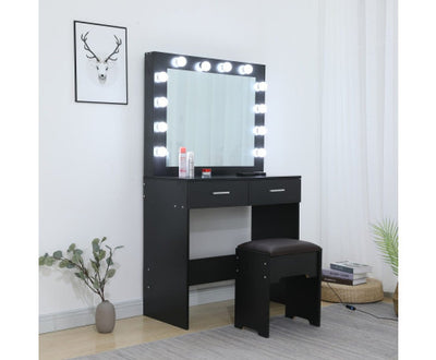 Fidel Vanity Set with Cushioned Stool and Lighted Mirror- Black