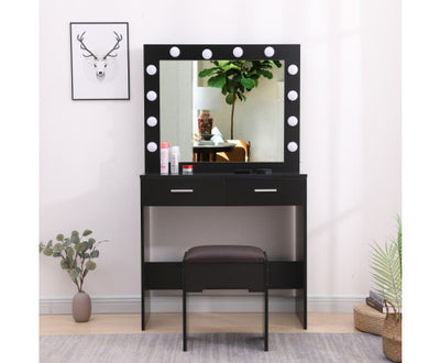 Fidel Vanity Set with Cushioned Stool and Lighted Mirror- Black