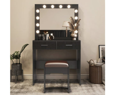 Fidel Vanity Set with Cushioned Stool and Lighted Mirror- Black