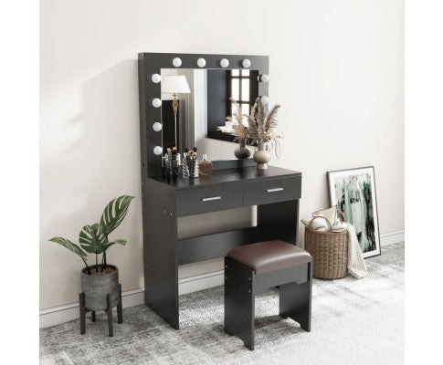 Fidel Vanity Set with Cushioned Stool and Lighted Mirror- Black