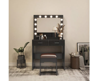 Fidel Vanity Set with Cushioned Stool and Lighted Mirror- Black