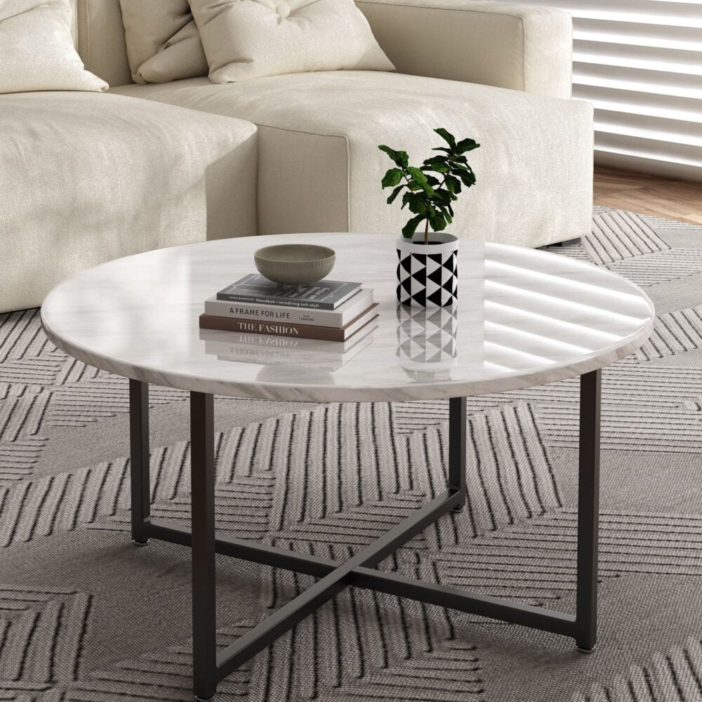 White Marble Effect Round Coffee Table with Black Legs