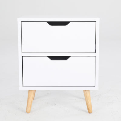 Bedside Table 2 Drawer Wood Leg Storage Cabinet Nightstand KIYO WHITE