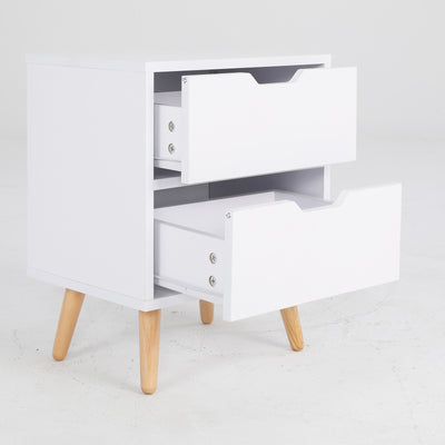 Bedside Table 2 Drawer Wood Leg Storage Cabinet Nightstand KIYO WHITE