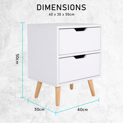 2X Bedside Table 2 Drawer Wood Leg Storage Cabinet Nightstand KIYO WHITE