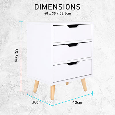 Bedside Table 3 Drawer Wood Leg Storage Cabinet Nightstand LACY WHITE