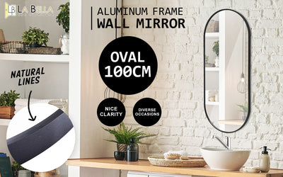 2 Set Wall Mirror Oval Aluminum Frame Bathroom 45x100cm BLACK