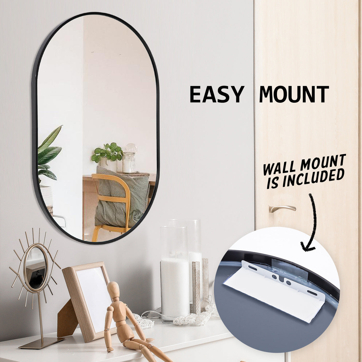 2 Set Wall Mirror Oval Aluminum Frame Bathroom 50x75cm BLACK