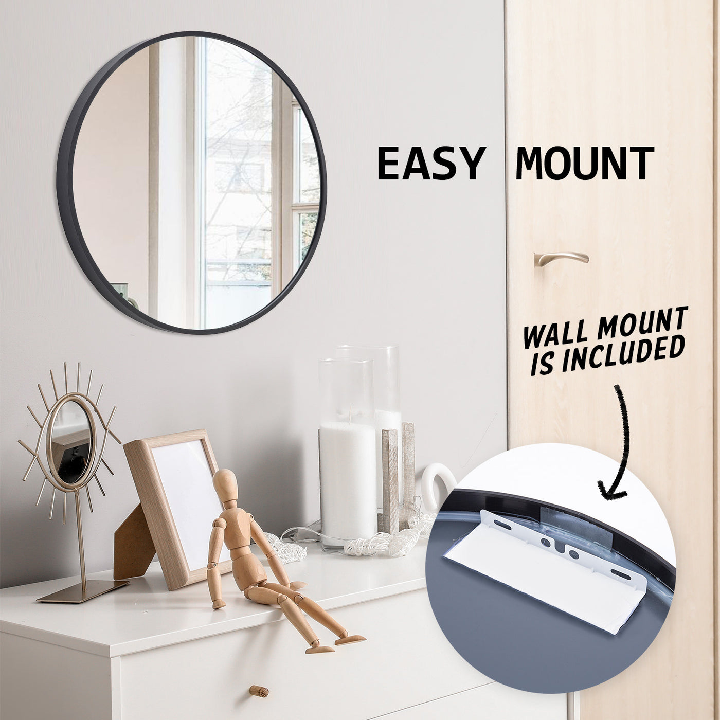 2 Set Wall Mirror Round Aluminum Frame Bathroom 50cm BLACK