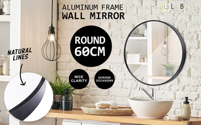 2 Set Wall Mirror Round Aluminum Frame Bathroom 60cm BLACK