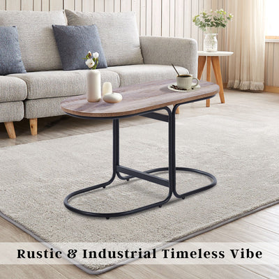 Coffee Table Oval Wooden Top Iron Metal Base Side End Table - Brown