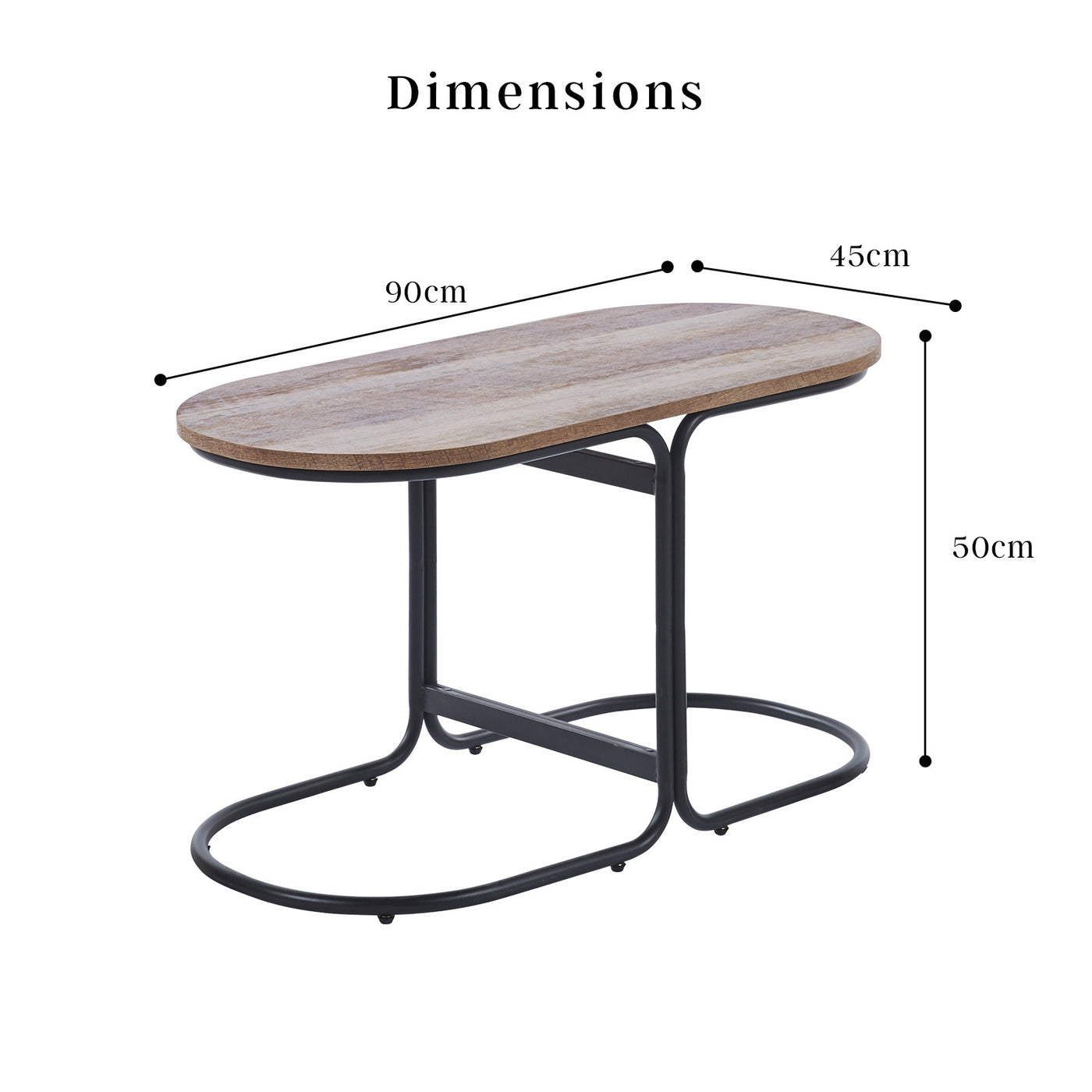 Coffee Table Oval Wooden Top Iron Metal Base Side End Table - Brown