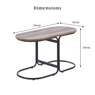 Coffee Table Oval Wooden Top Iron Metal Base Side End Table - Brown