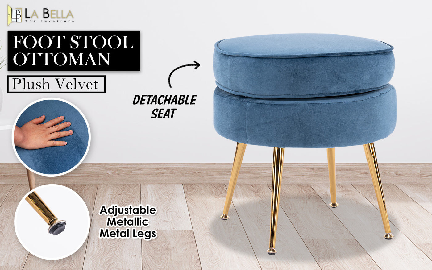 Ottoman Foot Stool Velvet Fabric Metal Leg Round NAVY BLUE