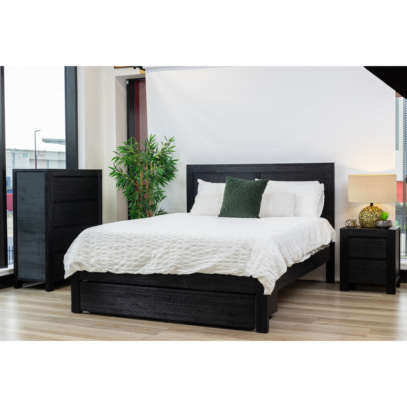 Tofino 4pc Queen Bed Suite Bedside Tallboy Bedroom Furniture Package - Black