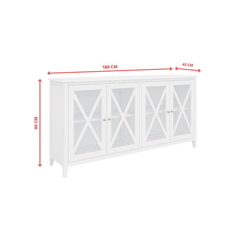 Daisy Buffet Table 180cm 4 Glass Door Solid Acacia Wood Hampton Furniture -White