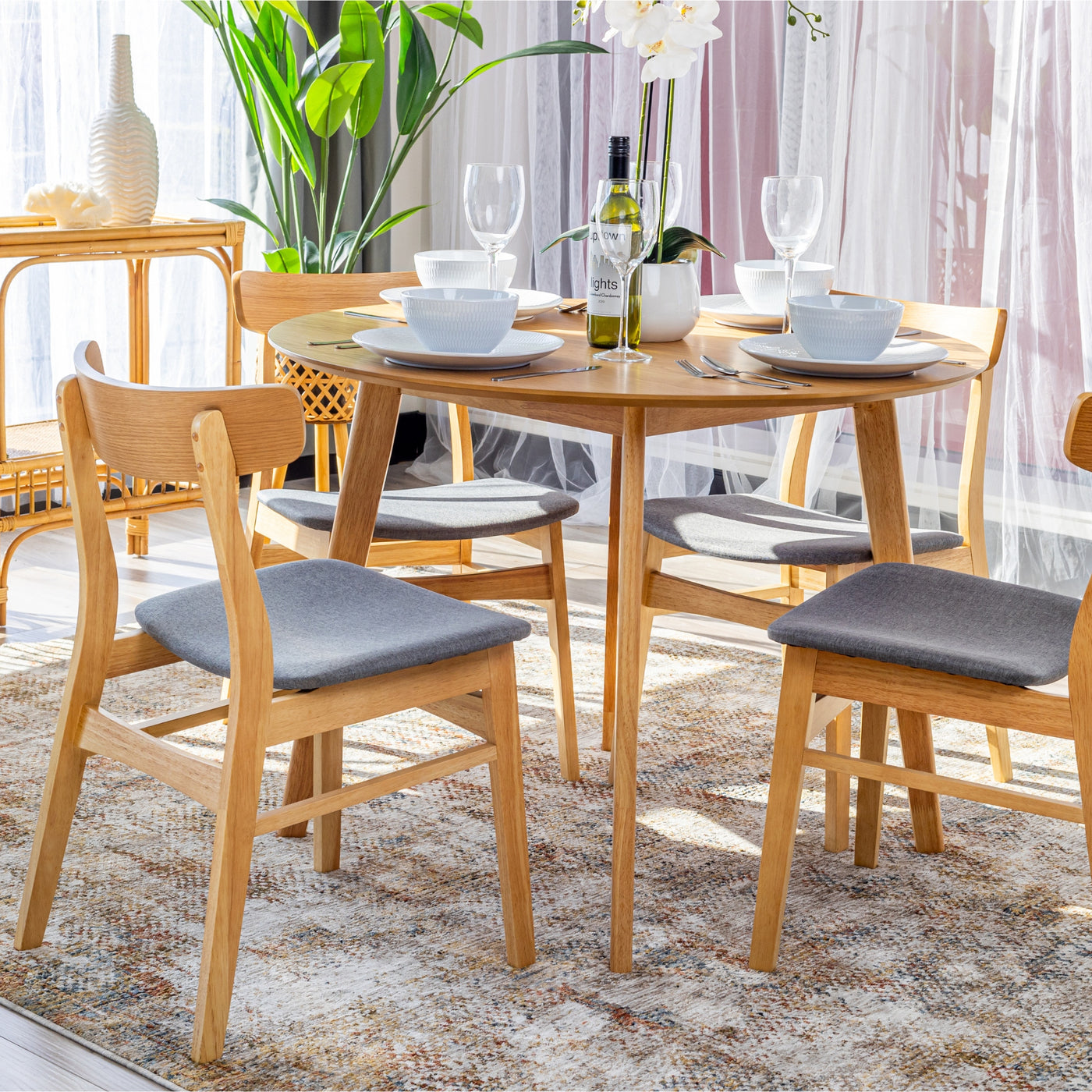 Oscar 5pc Dining Set 100cm Round Table 4 Chair Fabric Seat Scandinavian Style