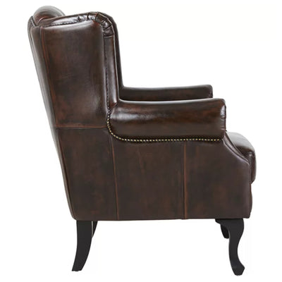 Max Chesterfield Winged Armchair Ottoman Footstool Sofa Leather Antique Brown