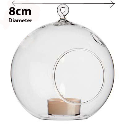 10 x Hanging Clear Glass Ball Tealight Candle Holder - 8cm Diameter / High - Wedding Globe Decoration Terrarium Succulent Plant Mini Garden Holder Decor Craft Gift