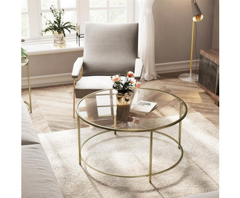 VASAGLE Round Glass Top Coffee Table with Metal Frame