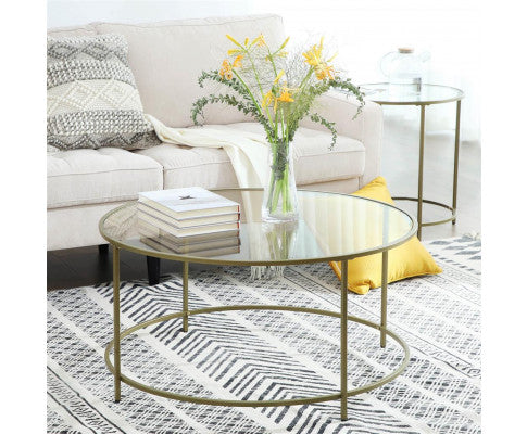 VASAGLE Round Glass Top Coffee Table with Metal Frame